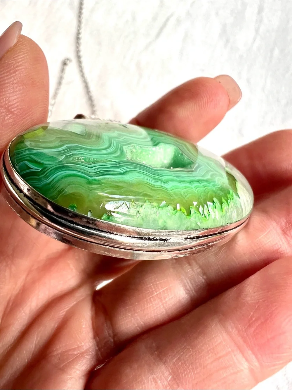 925 Micro Quartz Crystals + Bright Green Banded Agate Solar Pendant Necklace